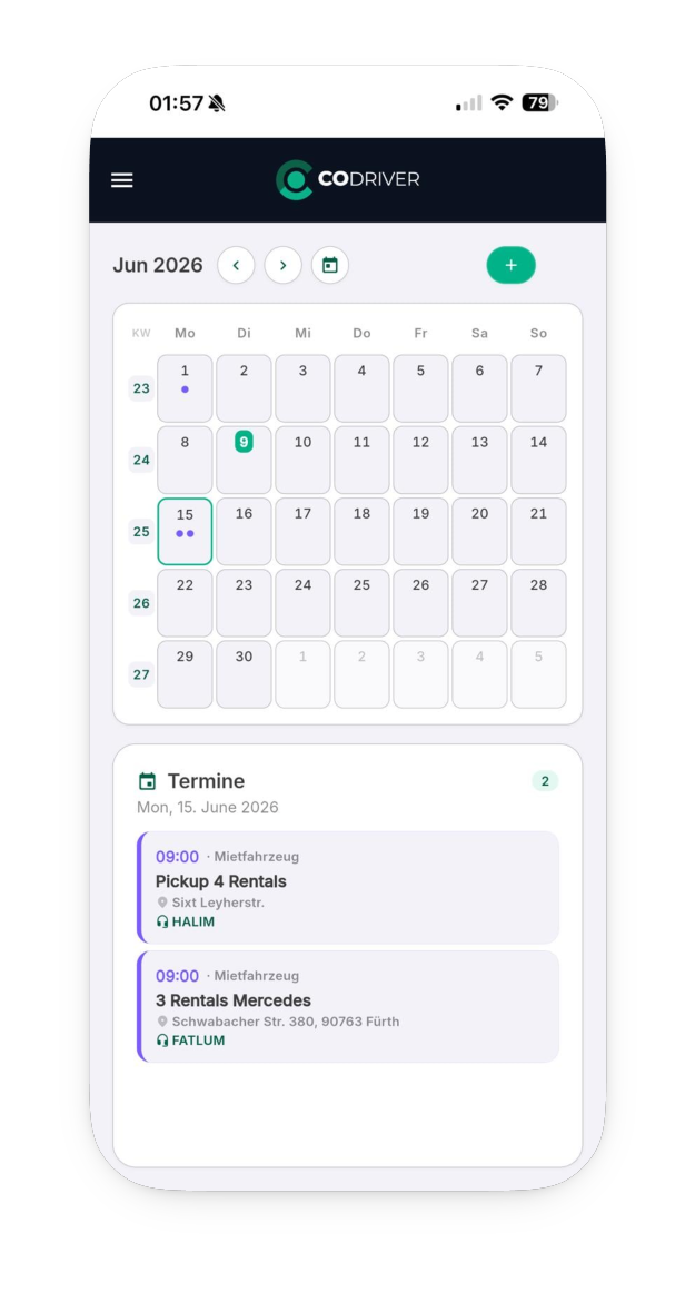 CoDriver Kalender mit Terminen