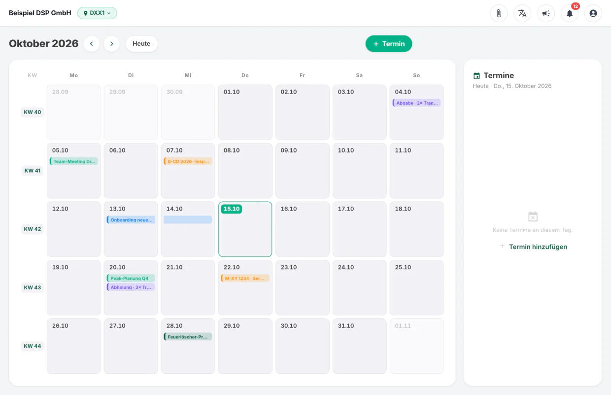 Kalender Oktober mit Kalenderwochen und Terminen (Beispieldaten)