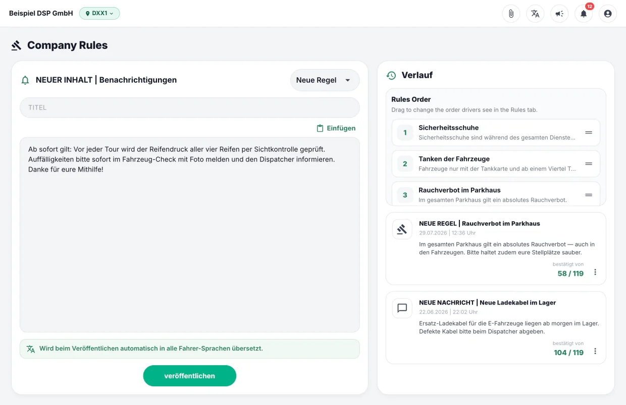Company Rules mit neuer Regel, Verlauf und Bestätigungen (Beispieldaten)