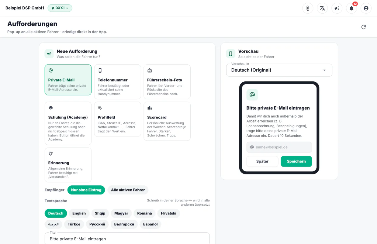 Neue Aufforderung mit Auswahl der Art, Empfängern, Textsprache und Vorschau des Pop-ups im Handy (Beispieldaten)