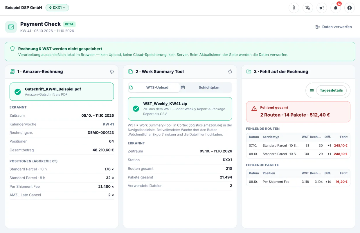 Payment Check mit Amazon-Rechnung, Work Summary Tool und Liste der fehlenden Routen und Pakete (Beispieldaten)