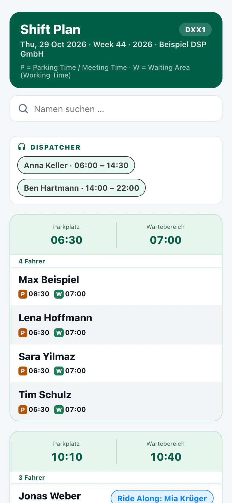 Geteilter Schichtplan-Link auf dem Handy: Kopf mit Datum und Station, Dispatcher und Fahrer je Startzeit mit Park- und Wartezeit (Beispieldaten)