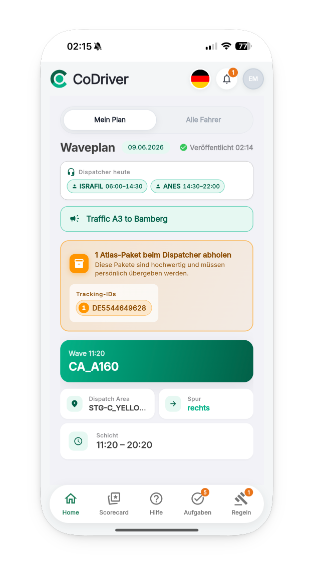 CoDriver Waveplan in der Fahrer-App